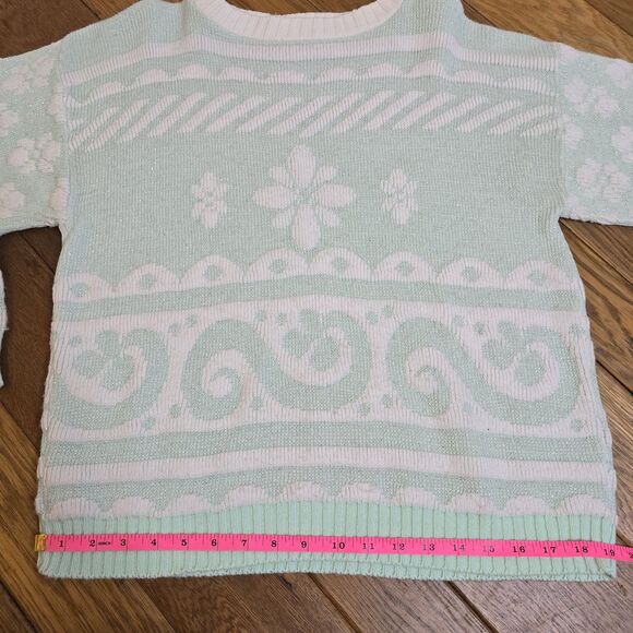 Vintage Beaucoup USA Made Mint Green White Metallic Floral Knit Pullover Sweater - Picture 11 of 12